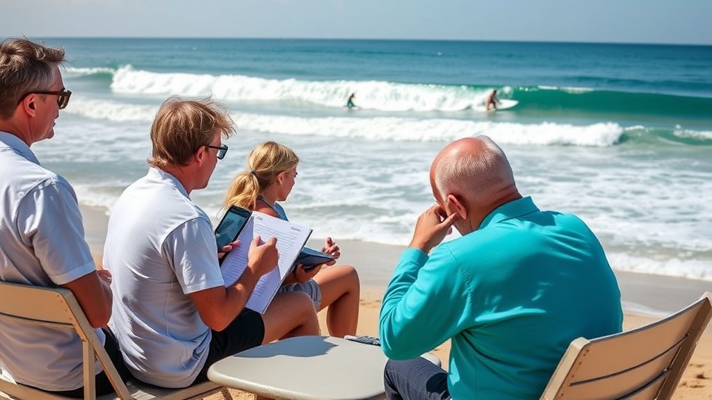 국제 서핑 대회에서 심판단이 해변에 설치된 심판석에서 선수들의 파도 라이딩을 평가하고 기록하는 장면